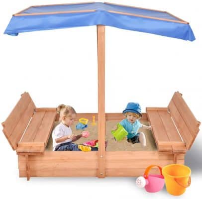 Costzon Kids Foldable Wooden Sandbox with Canopy