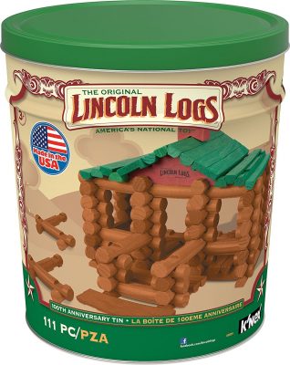 K'NEX LINCOLN LOGS – 111 All-Wood Pieces, 100th Anniversary Tin