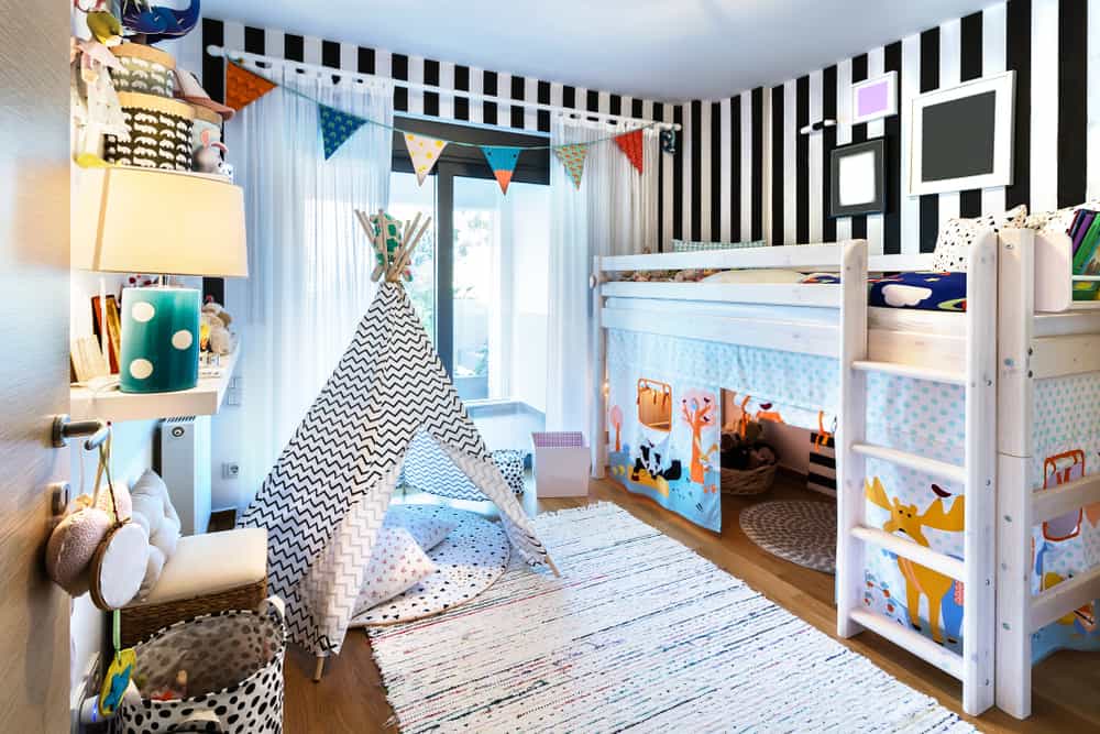 wooden play bunk bed with teepee