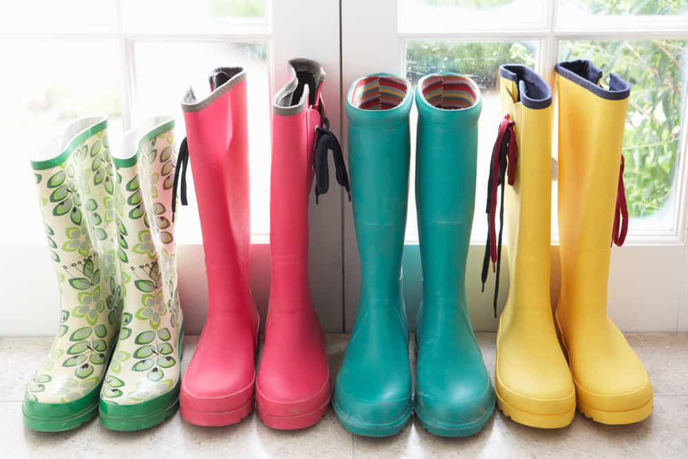 brightly colored rain boots