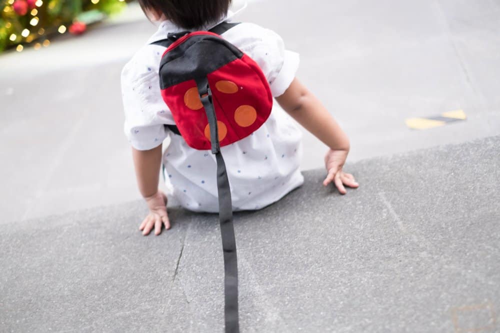 Child sitting down with a ladybug child leash backpack