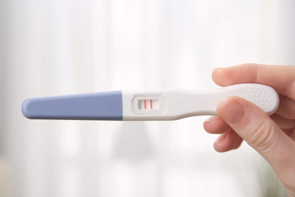 a hand holding a positive pregnancy test