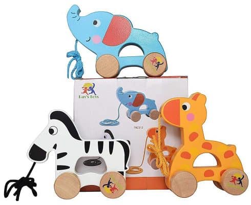 Wooden Pull Along Toy Set of 3- Beautiful Giraffe, Elephant & Zebra