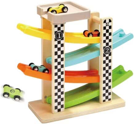 Top Bright Wooden Race Track and Ramp with Four Mini Cars